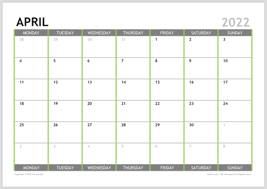 2022 monthly calendar template word