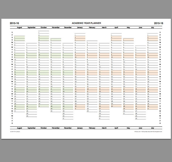 2015-16 Academic Year Planner Calendar printable – Infozio
