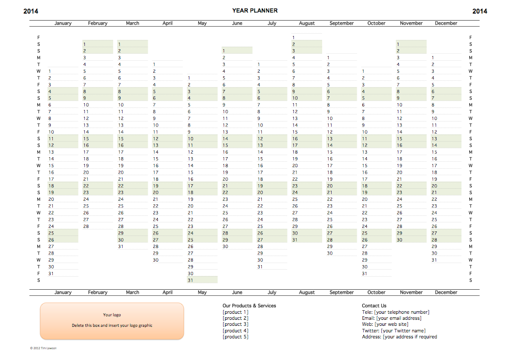 Year Planner template 2014 - editable Excel printable – Infozio