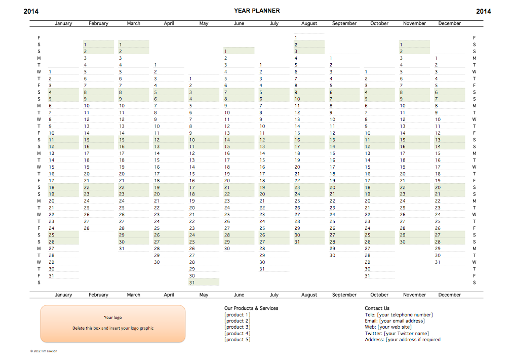 Year Planner Template 2014 Editable Excel Printable Infozio 5989