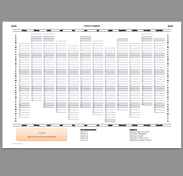 Year Planner template 2019 - Excel printable file – Infozio