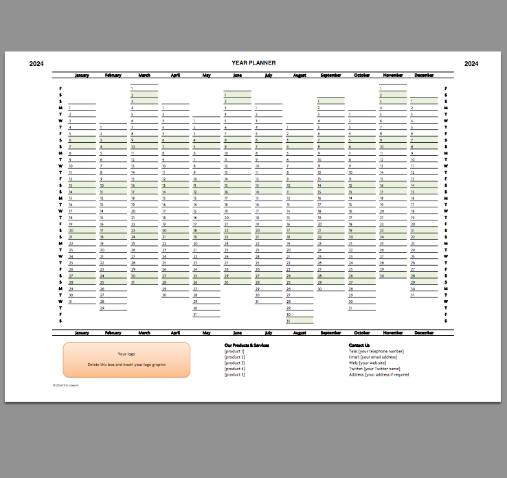 Year Planner template 2024 - Excel printable file - Infozio