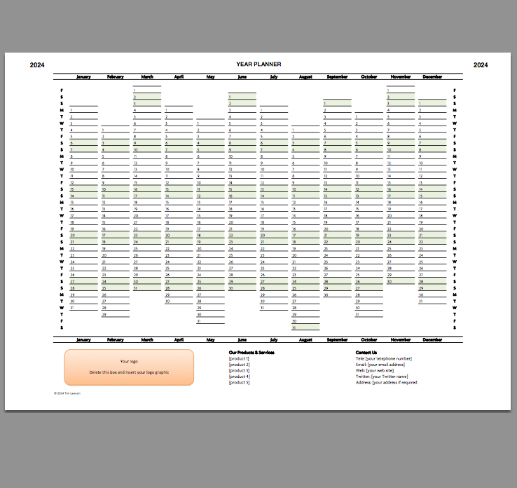 Year Planner template 2024 Excel printable file Infozio