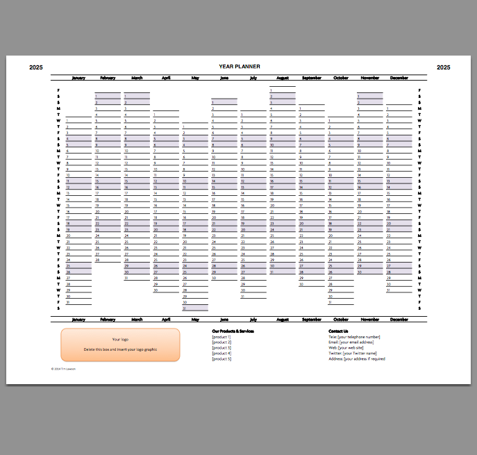 Year Planner template 2025 Excel printable file Infozio