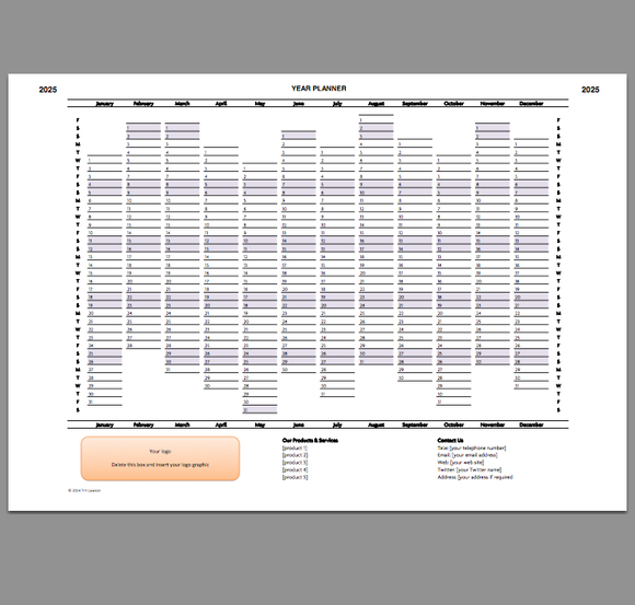 Year Planner template 2025 Excel printable file Infozio