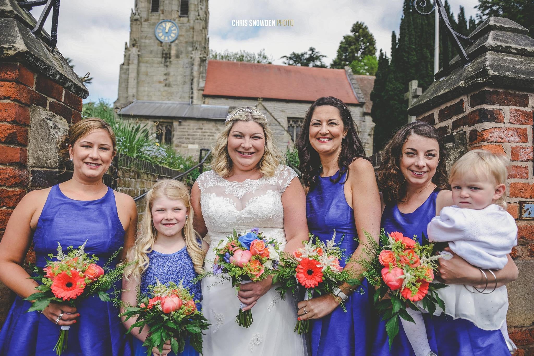 Bride and Bridesmaids with bright Gerbera and Peony based bouquets.