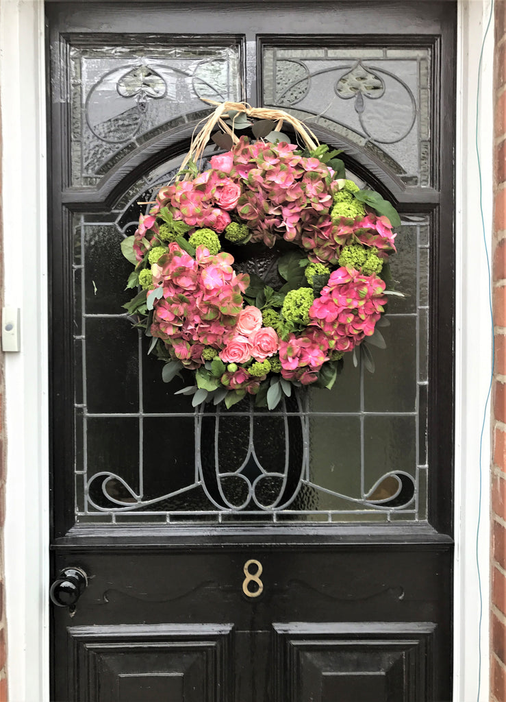 Door wreath with pink Roses and Hydrangeas,