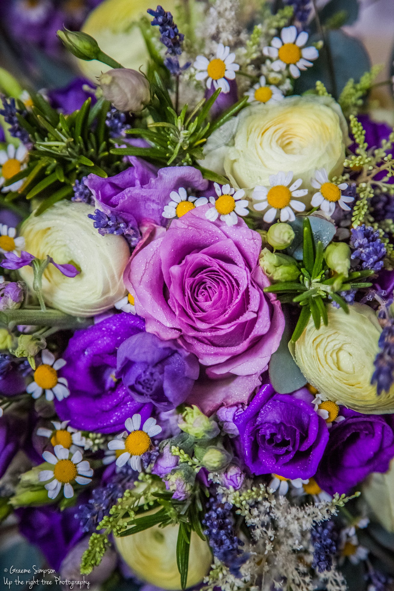 Close up of the purple and cream flowers used in the Bride's wedding bouquet.