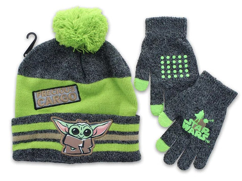 STAR WARS THE MANDALORIAN THE CHILD WINTER BEANIE & GLOVE SET | GREY & GREEN