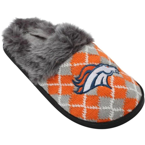 DENVER BRONCOS WOMEN'S NFL ARGYLE FAUX FUR SLIDE SLIPPERS