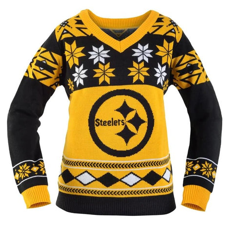 PITTSBURGH STEELERS NFL WOMEN'S BIG LOGO V-NECK UGLY CHRISTMAS SWEATER