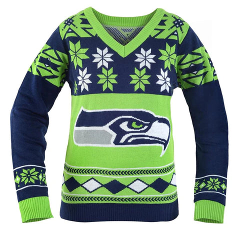 SEATTLE SEAHAWKS NFL WOMEN'S BIG LOGO V-NECK UGLY CHRISTMAS SWEATER