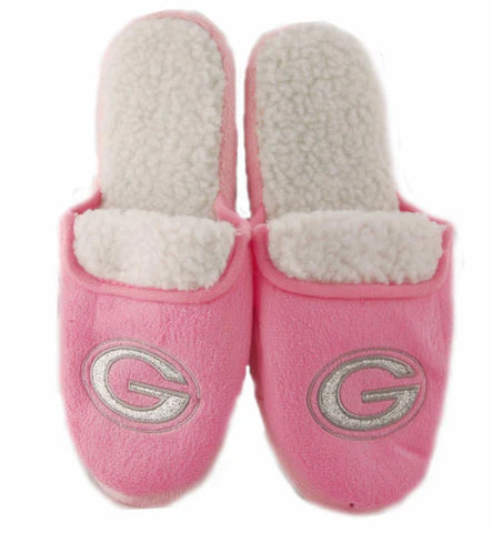 GREEN BAY PACKERS NFL WOMENS SHERPA GLITTER SLIPPERS: PINK