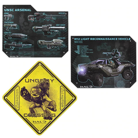 Halo Tin Sign Set: Unggoy Crossing, Warthog Specs, Weapons Spec