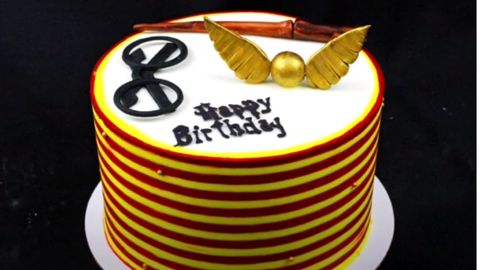 Harry Potter striped cake with golden snitch, watch, and eyeglass