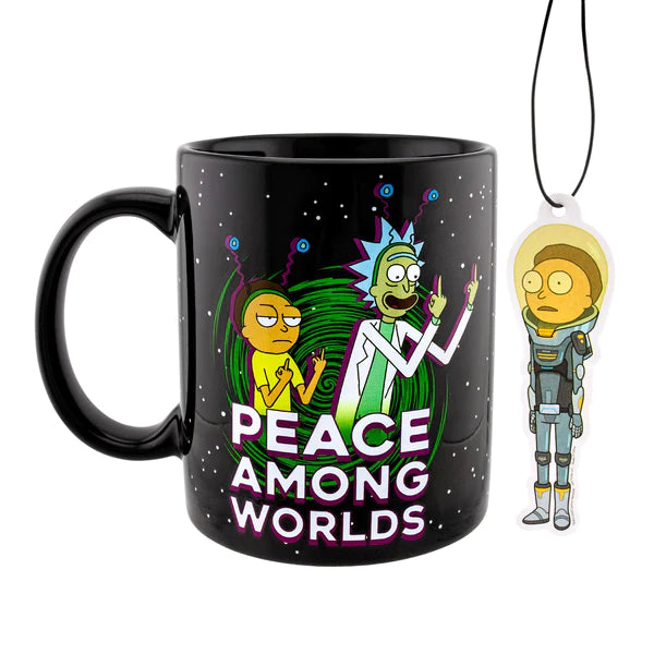 RICK AND MORTY "PEACE AMONG WORLDS" 16 OUNCE MUG & AIR FRESHENER SET