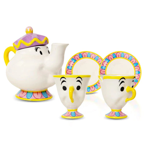 DISNEY BEAUTY AND THE BEAST MRS. POTTS TEAPOT SET WITH 2 CHIP CUPS AND SAUCERS