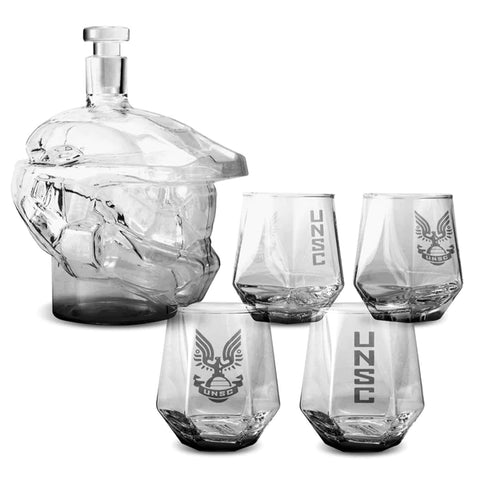 HALO INFINITE MASTER CHIEF HELMET 6-PIECE WHISKEY DECANTER SET WITH GLASSES