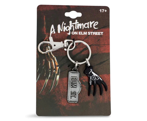 A NIGHTMARE ON ELM STREET SIGN AND FREDDY GLOVE HEAVY DUTY METAL CAR KEYCHAIN