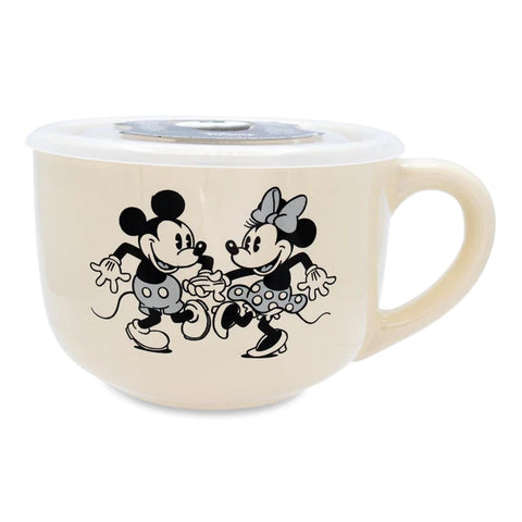 DISNEY VINTAGE MICKEY AND MINNIE MOUSE CERAMIC SOUP MUG WITH LID | 24 OUNCES