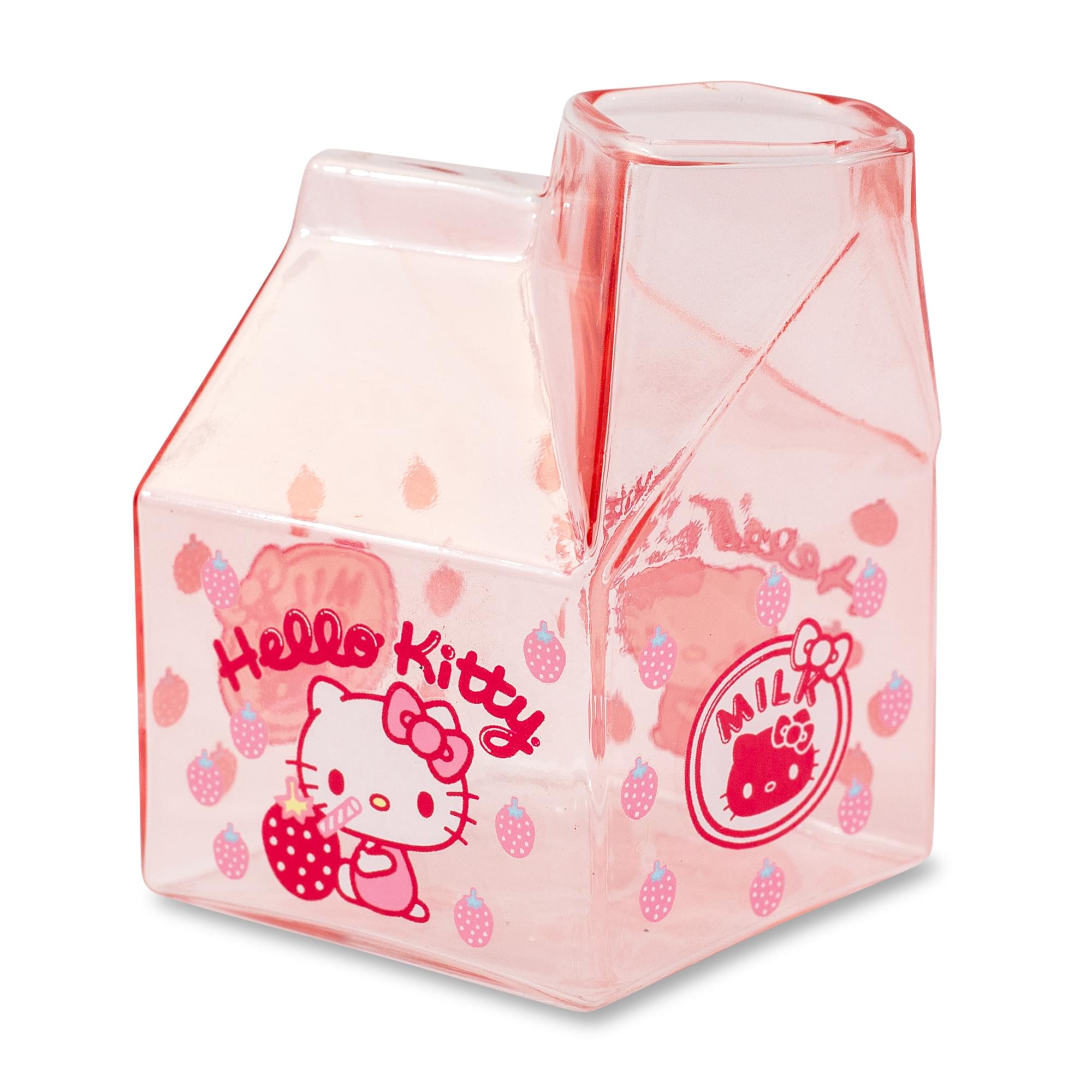 Sanrio Hello Kitty Glass Strawberry Milk Carton , Holds 12 Ounces