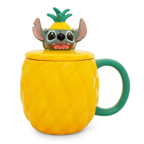 DISNEY LILO & STITCH PINEAPPLE 3D SCULPTED CERAMIC MUG WITH LID | HOLDS 20 OUNCE