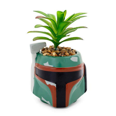 STAR WARS BOBA FETT HELMET 3-INCH CERAMIC MINI PLANTER WITH ARTIFICIAL SUCCULENT