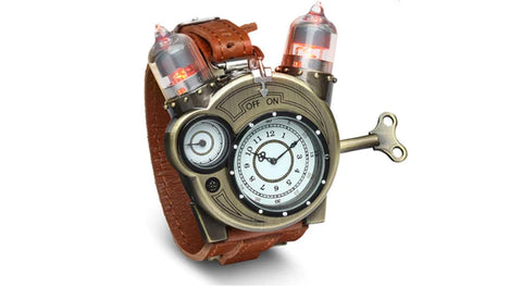 STEAMPUNK TESLA ANALOG WATCH WITH METAL FINDINGS AND LEATHER STRAP