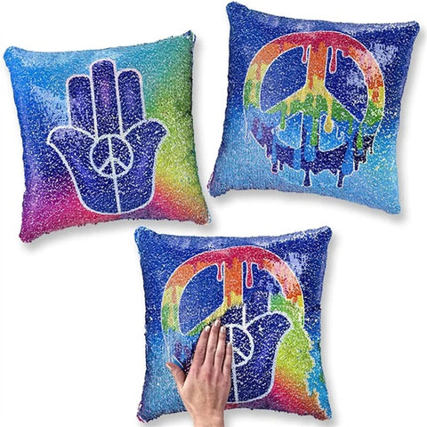 REVERSIBLE SEQUIN 14" SQUARE PILLOW, HAMSA PEACE HAND/ PEACE SIGN