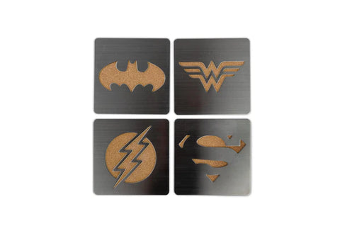 DC COMICS LASER-CUT SUPERHERO LOGO COASTER SET | BATMAN | SUPERMAN | WONDER WOMAN | FLASH