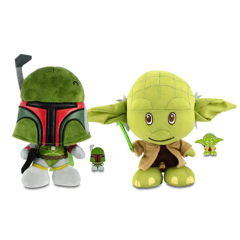 STAR WARS STYLIZED 7 INCH PLUSH W/ ENAMEL PINS | SET OF 2 | YODA & BOBA FETT