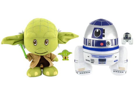 STAR WARS BABY YODA AND R2-D2 STYLIZED 7 INCH PLUSH SET OF 2 WITH ENAMEL PINS