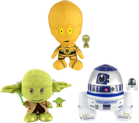 STAR WARS STYLIZED 7 INCH PLUSH W/ ENAMEL PINS | SET OF 3 | R2, C3PO, YODA