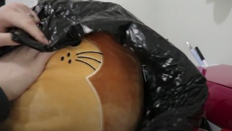 packing squishmallow on a trash bag