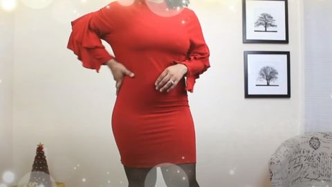 woman wearing red dress