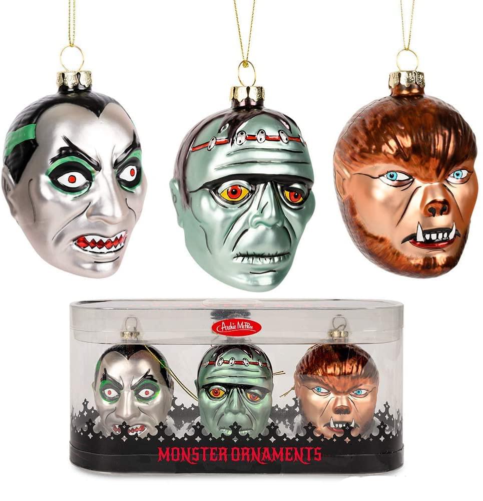 Set Of 3 Monster Blown Glass Christmas Ornaments