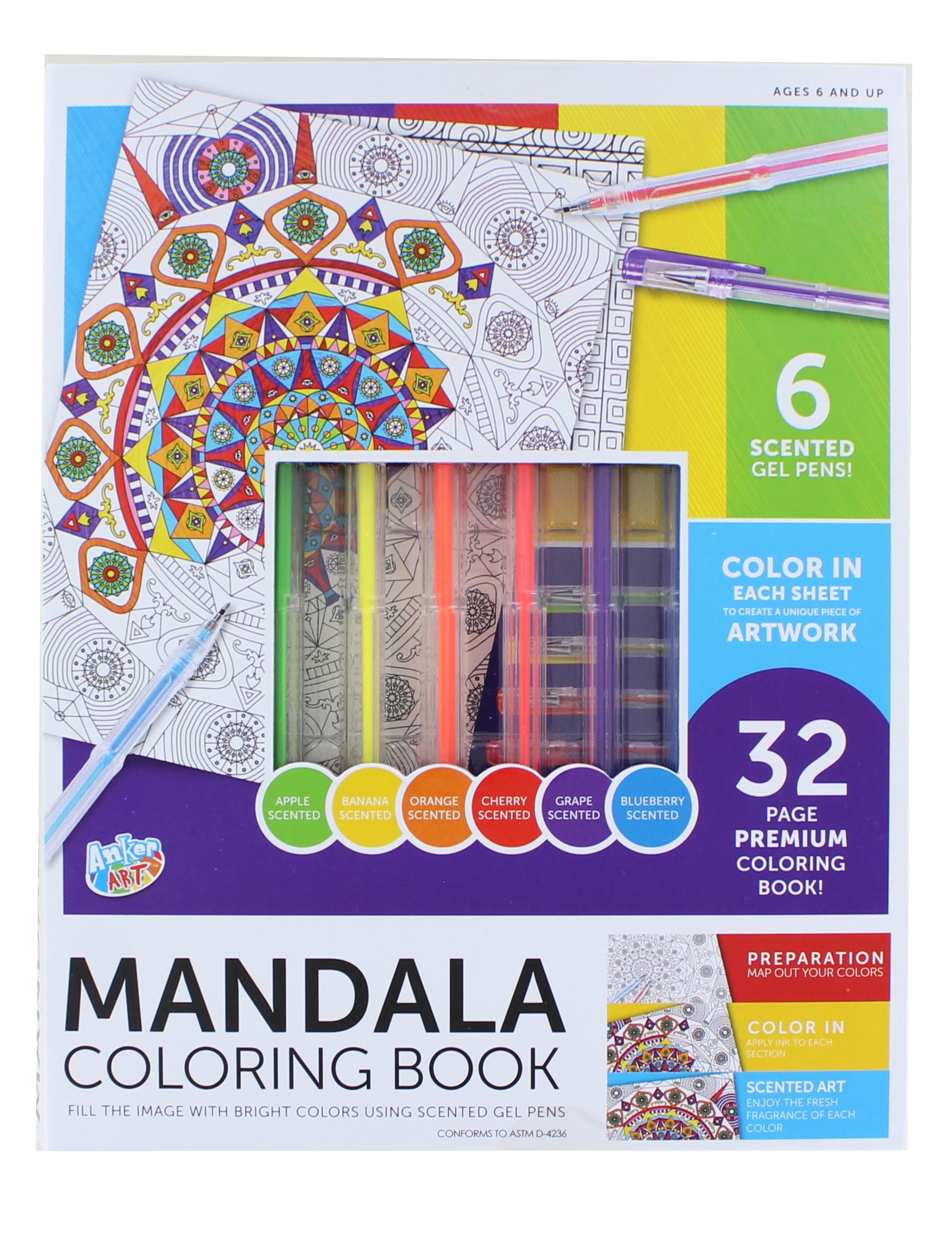 Coloring Book Kit With 6 Scented Gel Pens , Mandala
