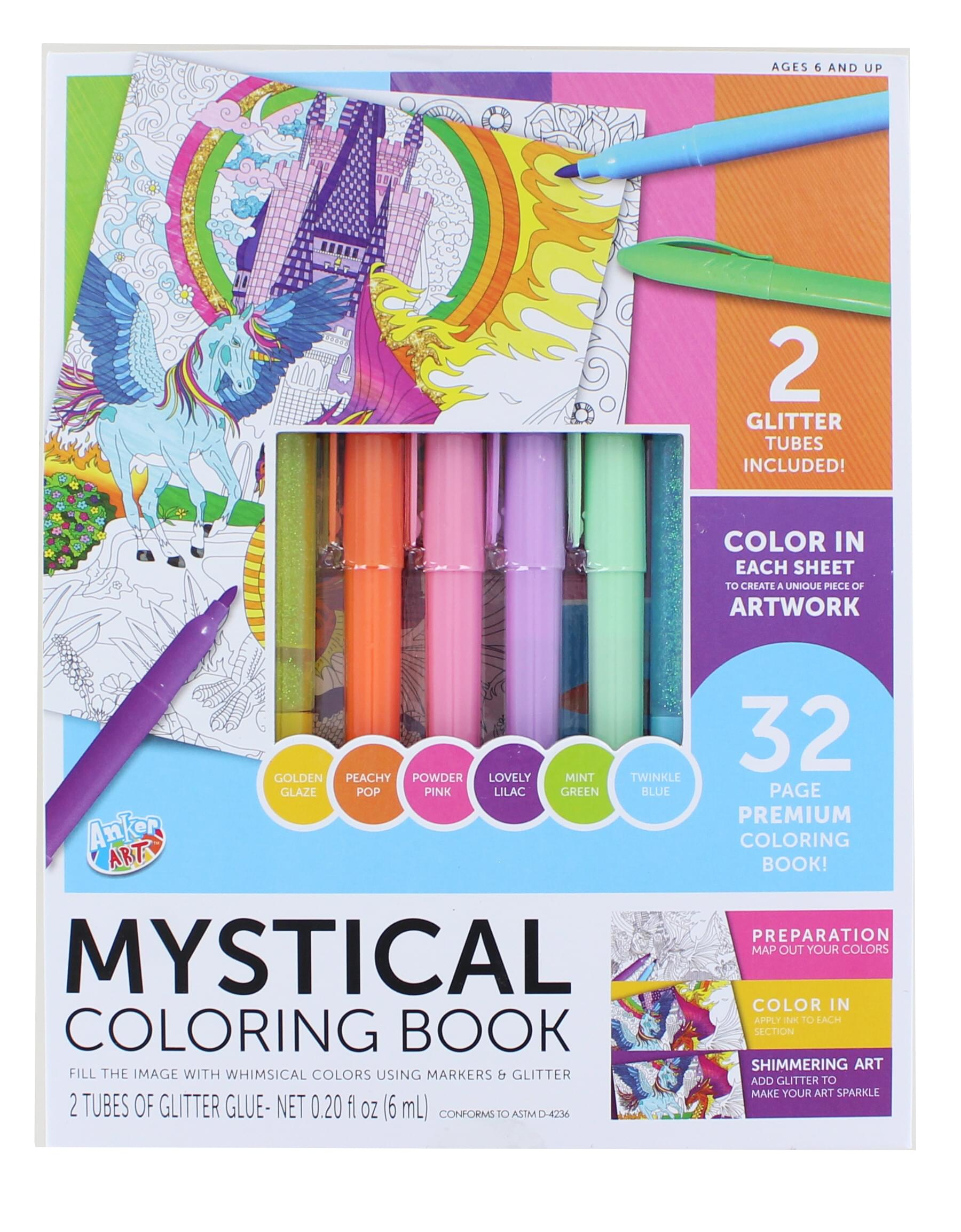 Coloring Book Kit With 6 Glimmer Gel Pens , Mystical