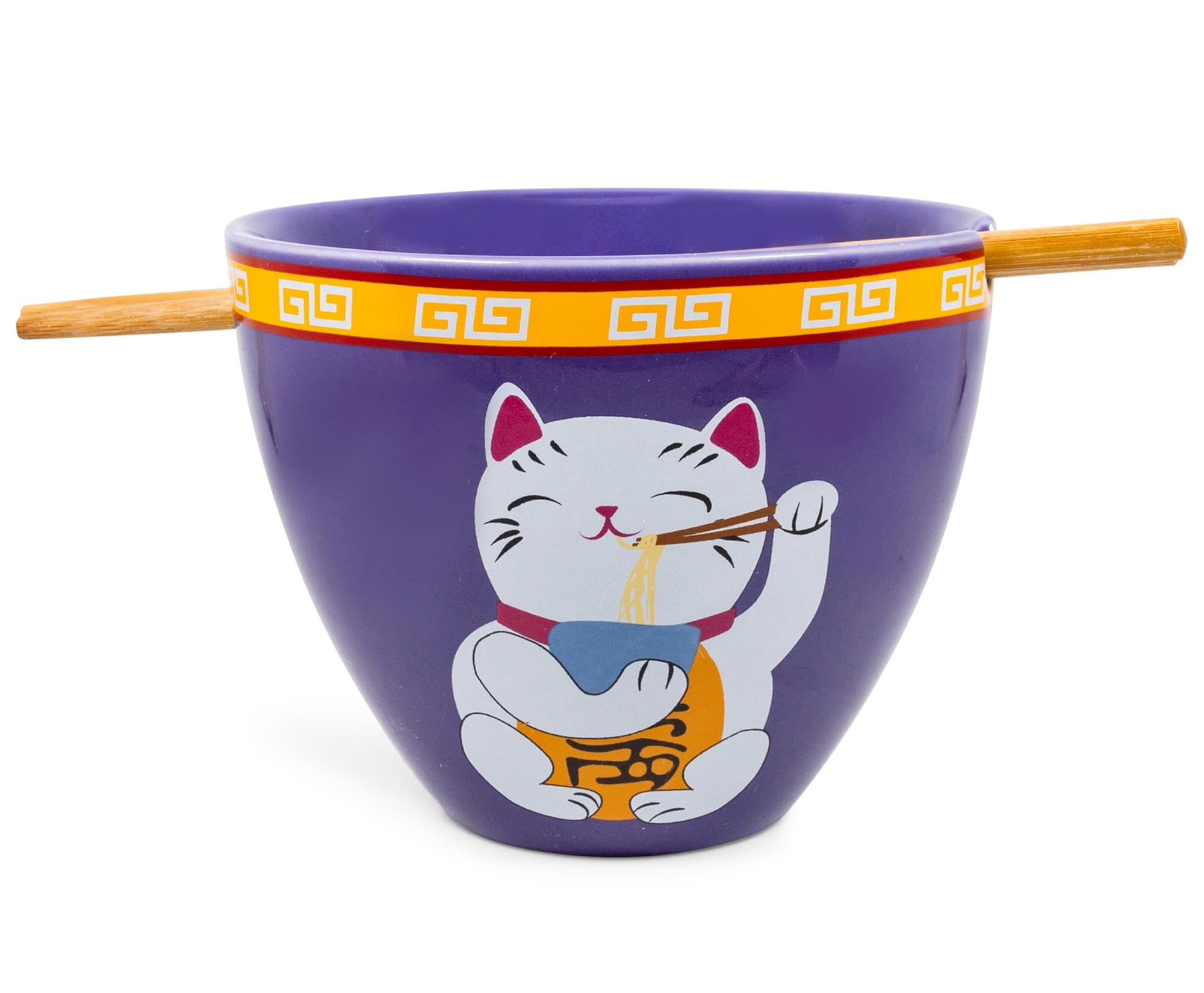 Bowl Bop Purple Lucky Cat Japanese Dinner Set , 16-Ounce Ramen Bowl, Chopsticks