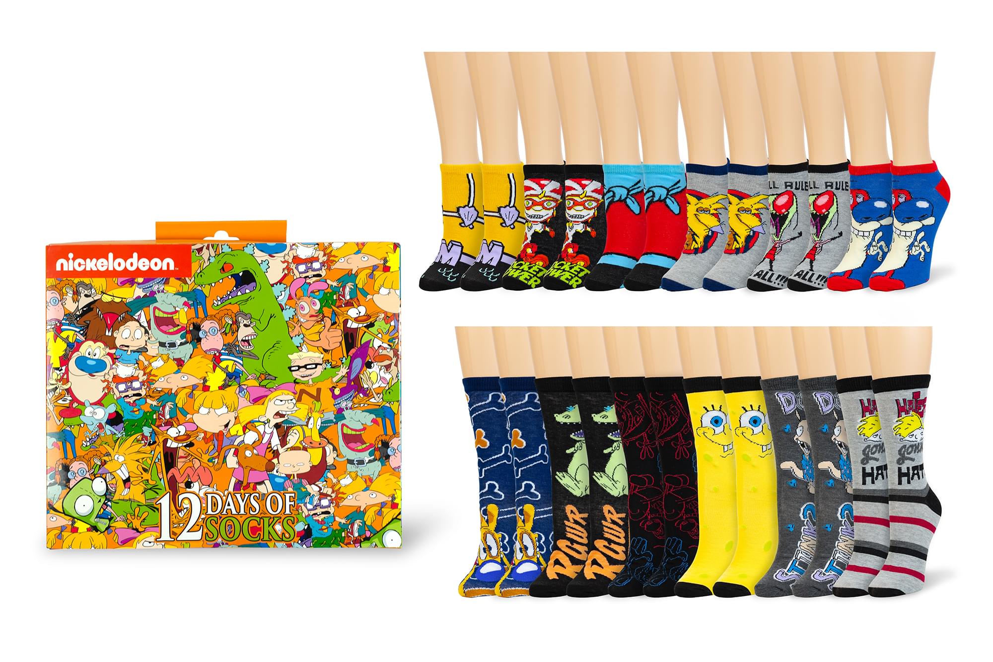 Nickelodeon 12 Days Of Socks Gift Set For Men & Women , 6 Crew , 6 Ankle