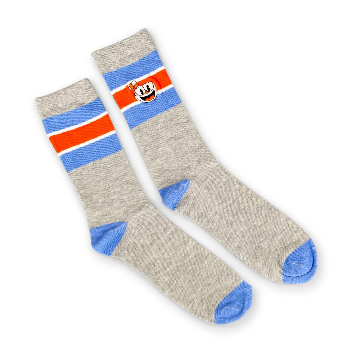 OFFICIAL Cuphead Striped Grey Crew Socks , Soft Socks Perfect For Cuphead Fans