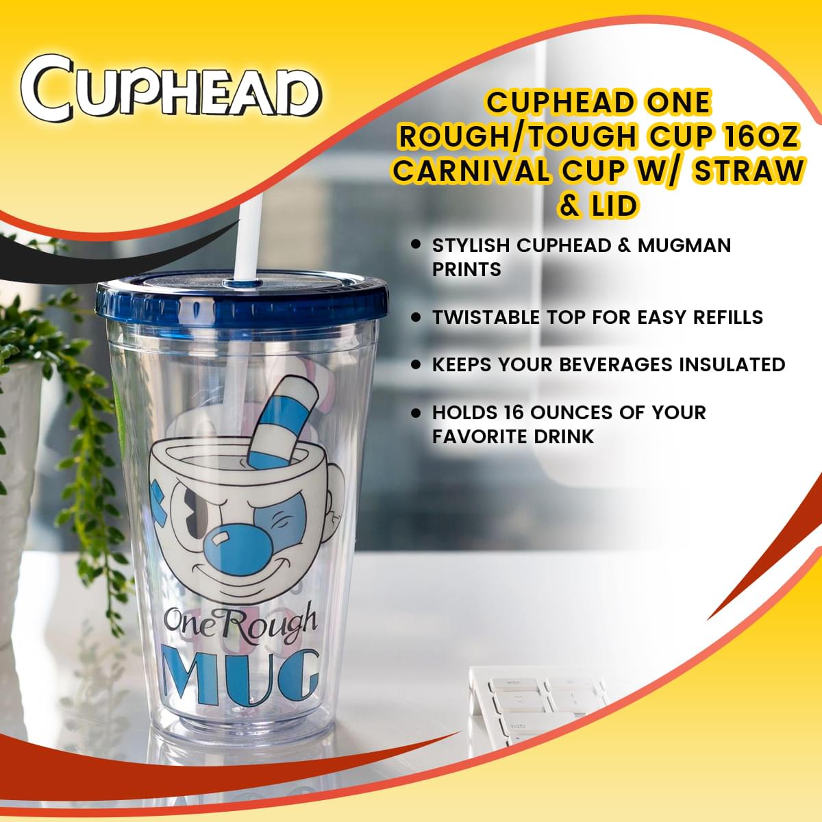 Cuphead One Rough/Tough Cup 16oz Carnival Cup w/ Straw & Lid | Free Sh ...
