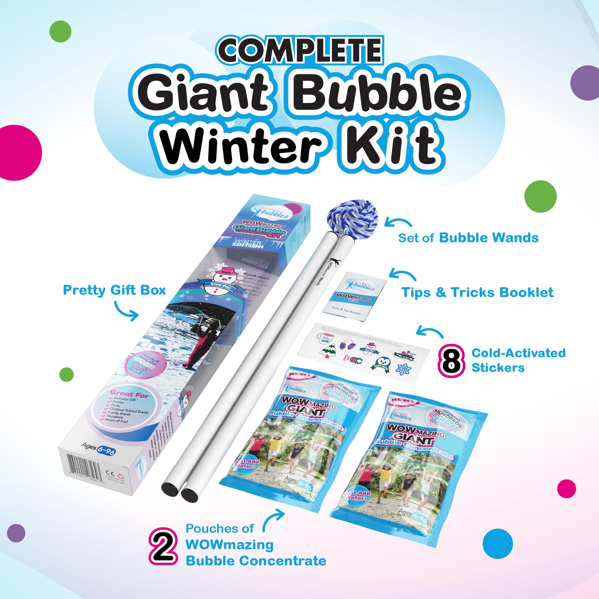 WOWmazing Winter Giant Bubble Kit , Wand + 2 Packets Bubble Concentrate + 8 Stickers