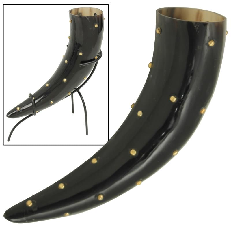 Brass Studded Medieval Drinking Horn With Iron Stand