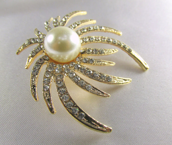 Ivory White Pearl and Clear Crystals on Gold Sunburst Brooch – Odyssey ...