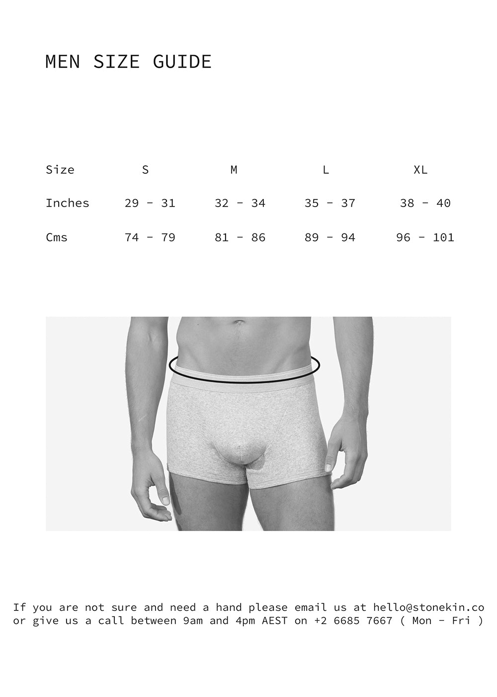 Stonekin Mens Size Guide for Organic Cotton Underwear