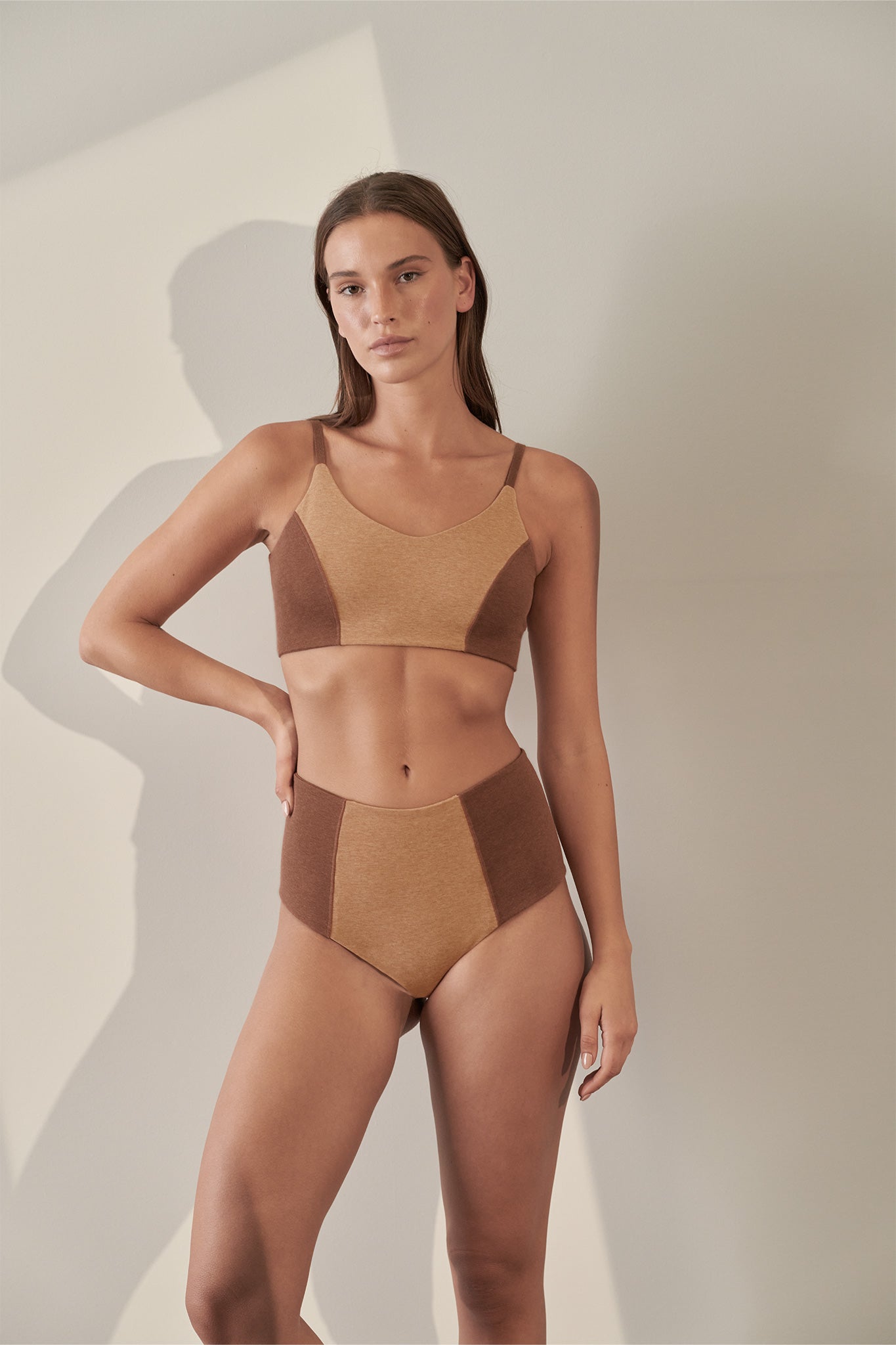 Stone.kin / Women's Contoured Bodysuit Organic Cotton Rib / Camel & Brown