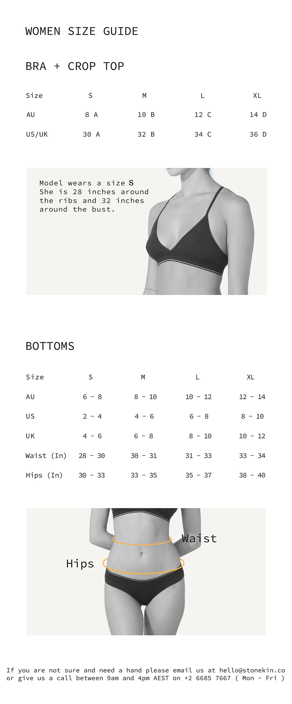 Stone.kin women's size guide organic cotton bodysuits bras briefs underwear