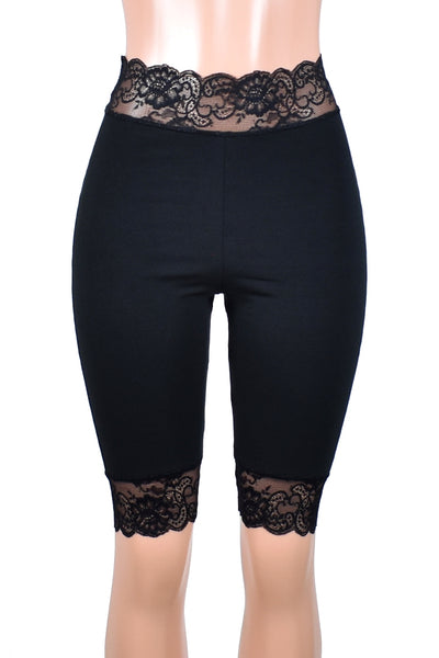 Knee Length High Waisted Black Stretch Lace Shorts Plus Size Deranged