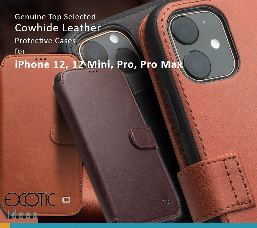 Genuine Selected Cowhide Leather Protective Cases Exclusive Design for iPhone 12, 12 Pro, Pro Max, Mini + Free Gift -Tempered Glass Film